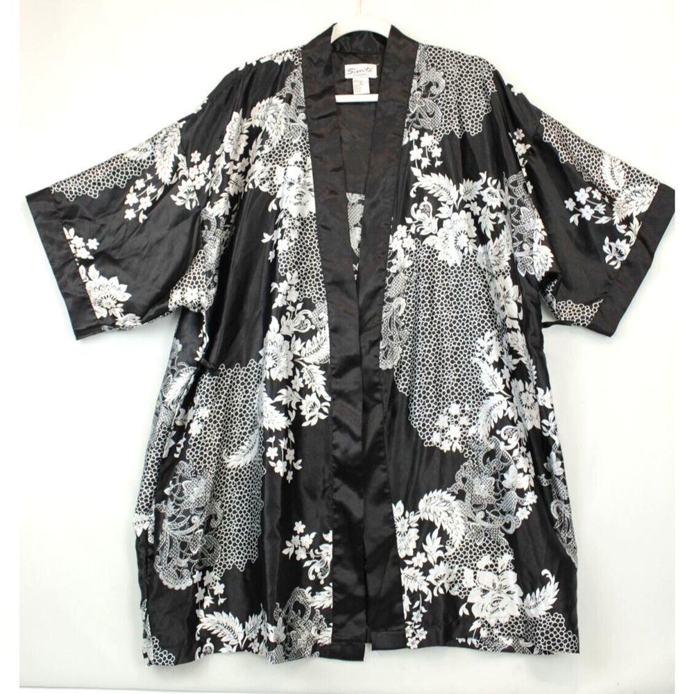 Sante Classic Robe Kaftan Kimono Cover Up Women M Satin Black White‎ Floral